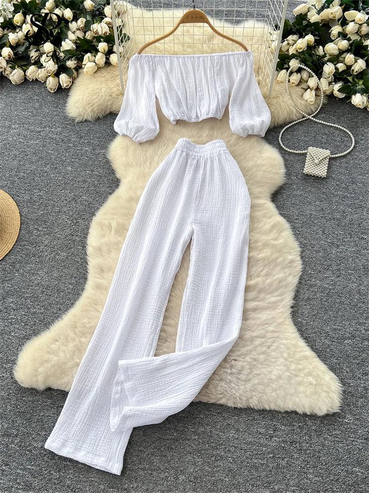 Sweet Slash Neck Lounge Set – Loose Fit Top & Wide-Leg Pants - Piña Colada