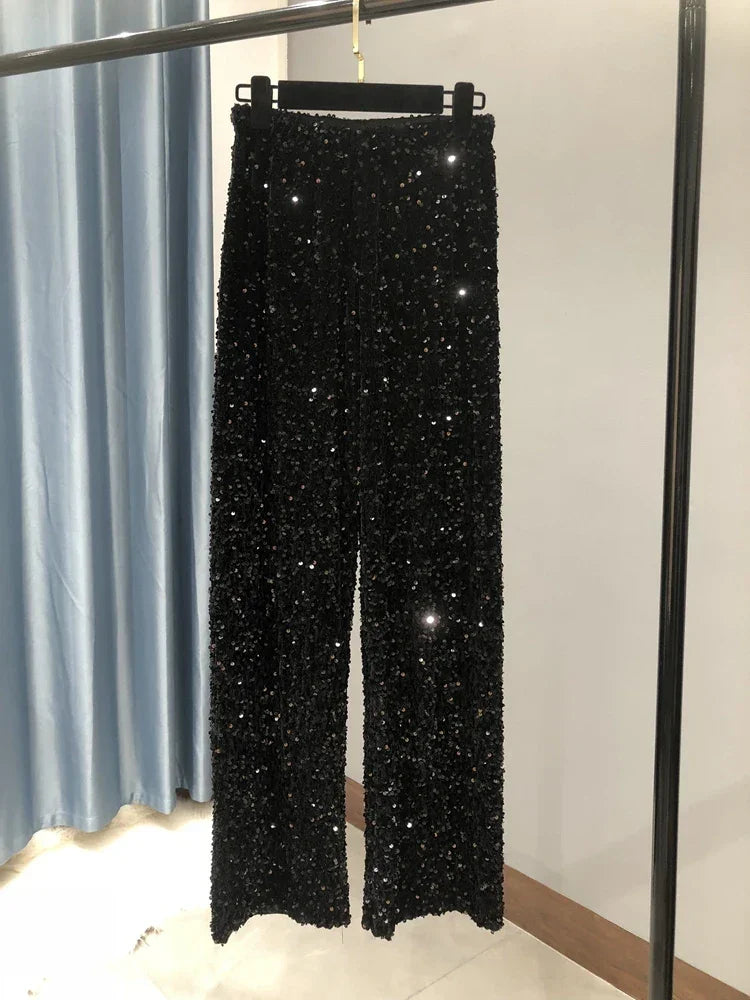 Sequined Wide-Leg Floor-Length Pants – High Waist Streetwear - Piña Colada
