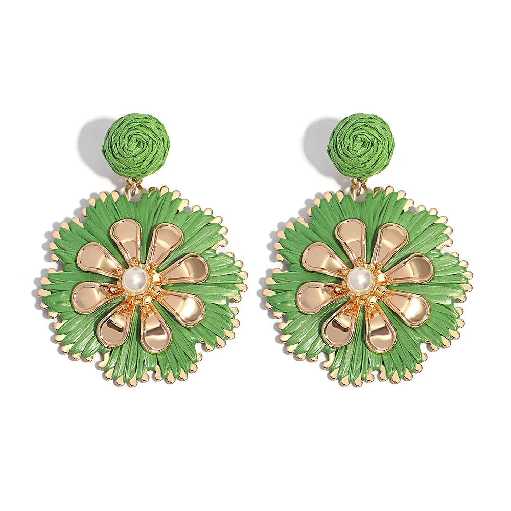 Rattan Plaited Flower Design Pearl Earrings - Piña Colada
