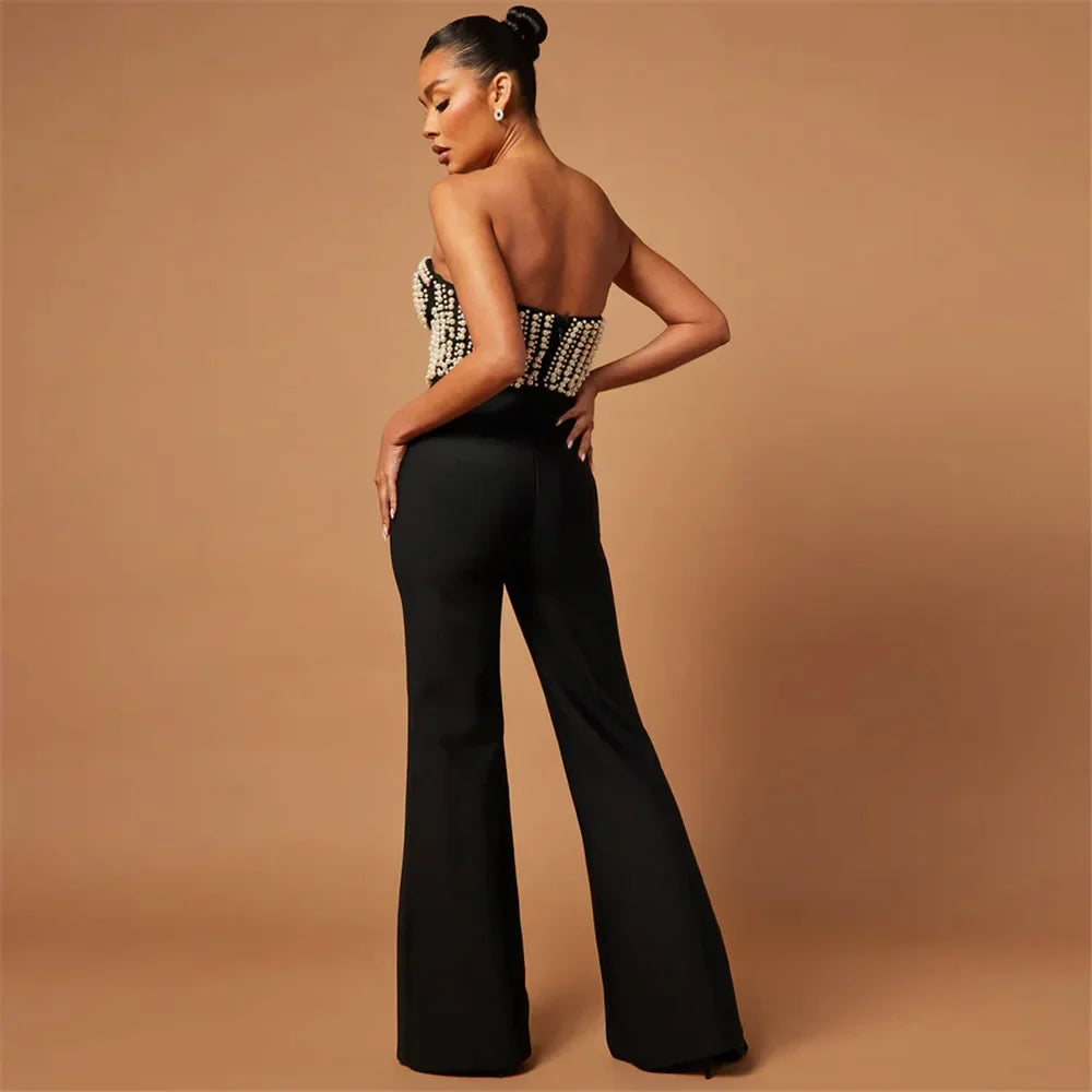Women Sexy Strapless Shinning Pearl Beading Jumpsuit - Piña Colada