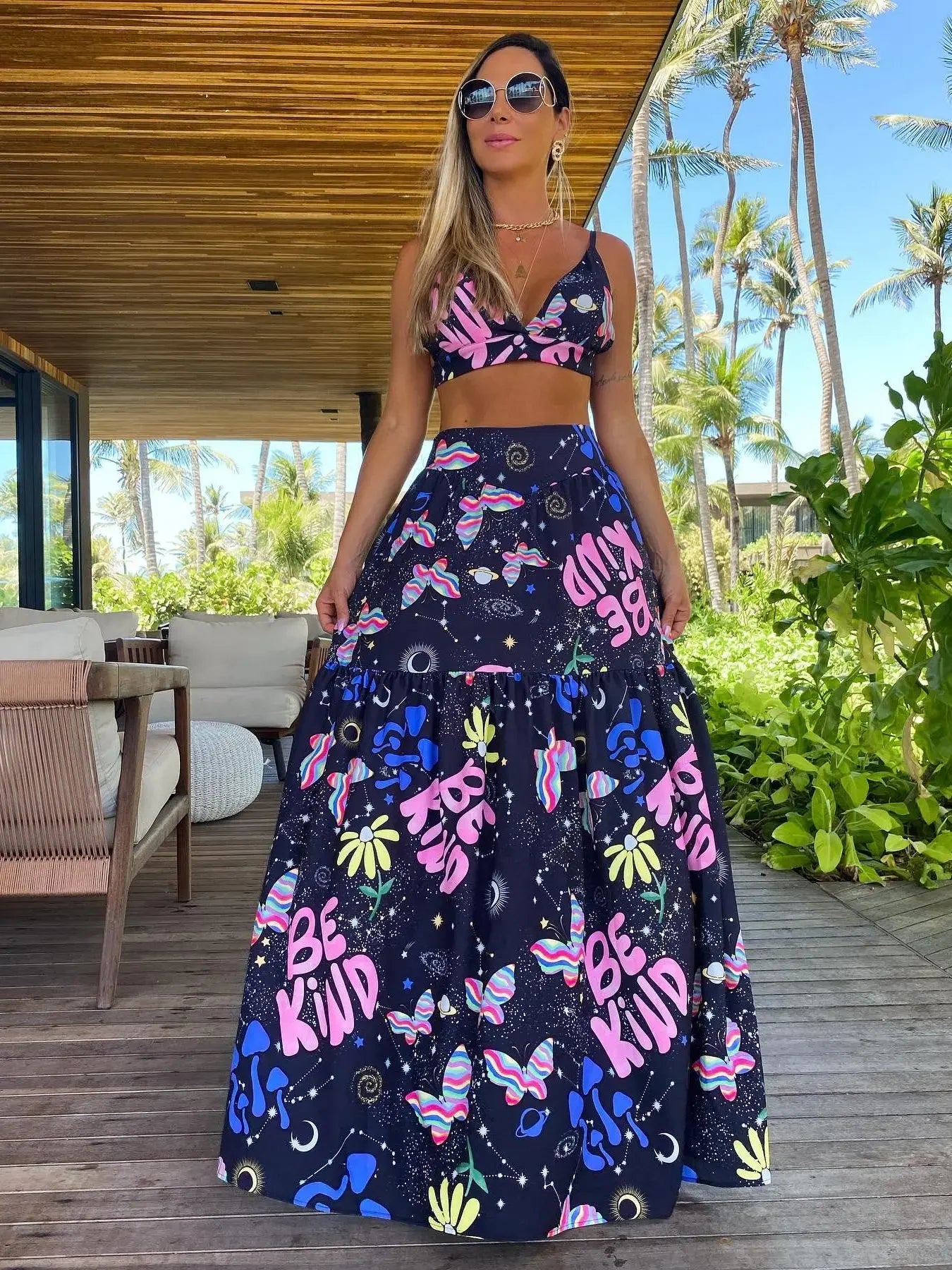 Hand-Painted Oversized 2-Piece Set – Backless Crop Top & Flowing Skirt - Piña Colada