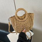 Boho Rattan Half-Moon Crossbody Bag – Handwoven Summer Straw Shoulder Purse - Piña Colada