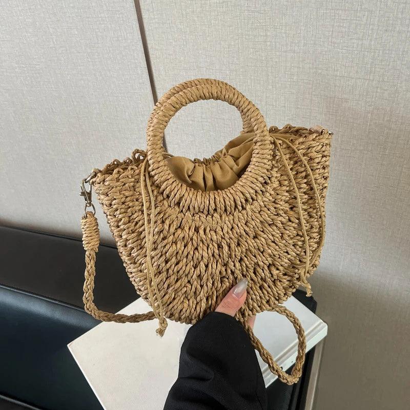 Boho Rattan Half-Moon Crossbody Bag – Handwoven Summer Straw Shoulder Purse - Piña Colada