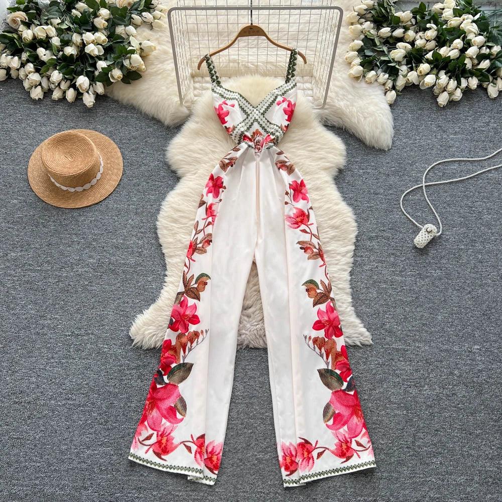 Vintage Printed Jumpsuit for Women – Full-Length Summer Romper with Mid Waist - Piña Colada