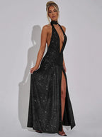 Mozision Sequin V-Neck Floor-Length Dress – Sexy & Club Evening Gown - Piña Colada