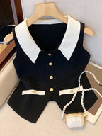 Slim Fit Patchwork Buttoned Knit Blouse – High Stretch Elegance - Piña Colada