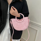 Boho Rattan Half-Moon Crossbody Bag – Handwoven Summer Straw Shoulder Purse - Piña Colada