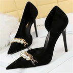 Pointed Toe Pearl Metal Chain Side Chain Pumps - Piña Colada