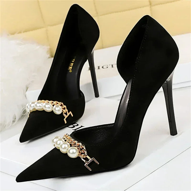 Pointed Toe Pearl Metal Chain Side Chain Pumps - Piña Colada
