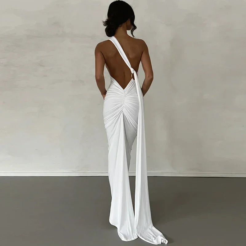 One Shoulder Backless Adjustable Scarf Maxi Dress - Piña Colada