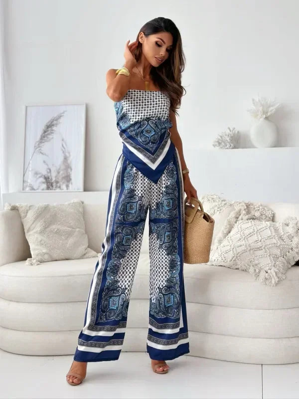 Satin Print Lace-Up Top & Wide-Leg - Piña Colada
