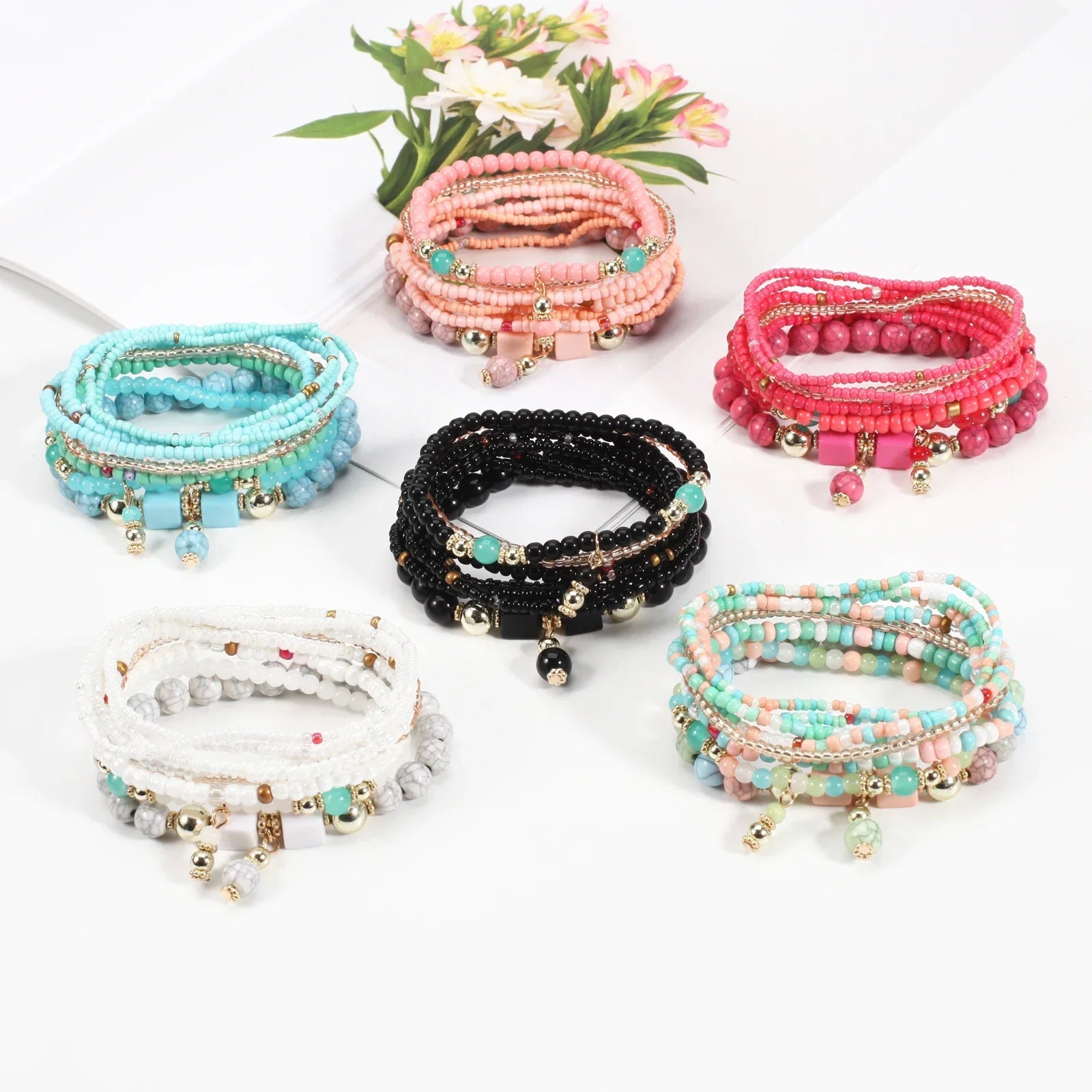 Bohemian Multicolor Stackable Beaded Bracelets - Piña Colada