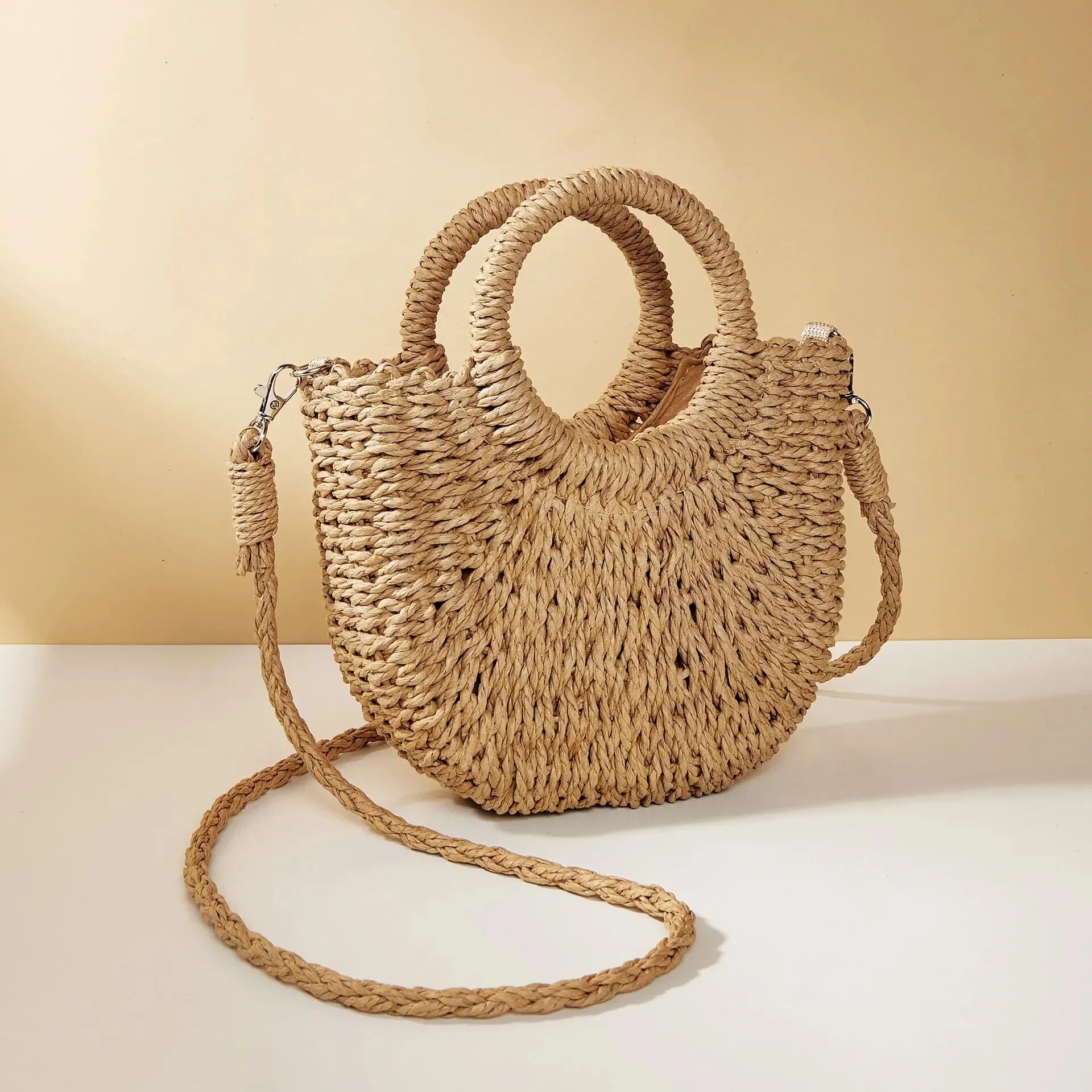 Straw Rattan Half-Moon Beach Handbag - Piña Colada