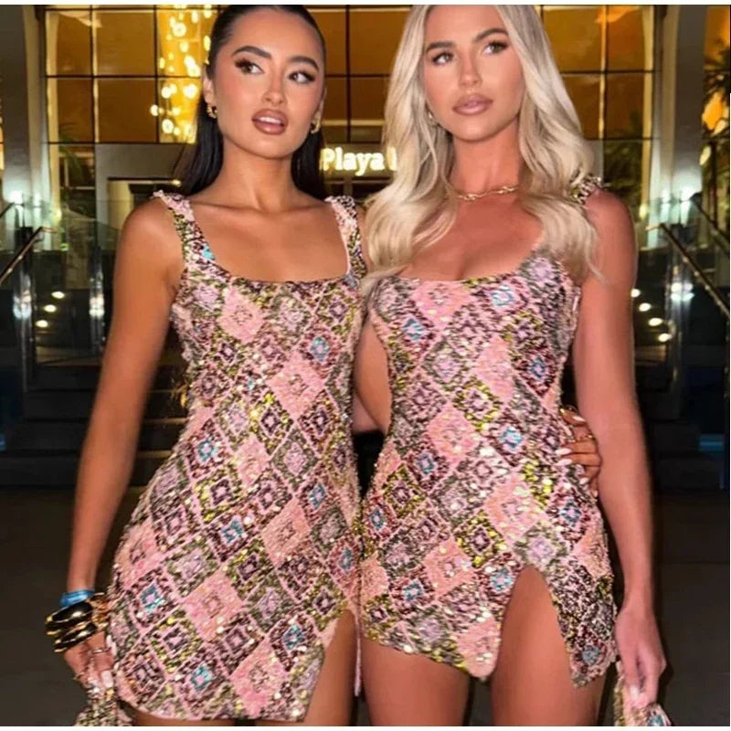 Sequin Square Neck Mini Dress - Piña Colada