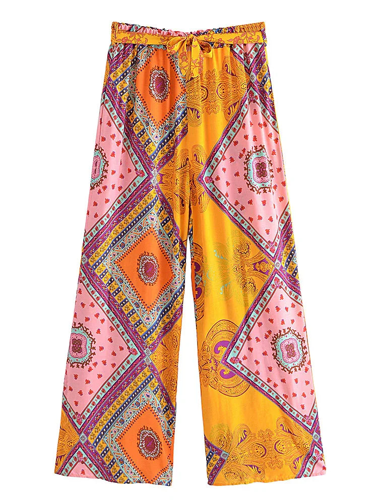 Floral Print Bohemian Wide Leg Pant - Piña Colada