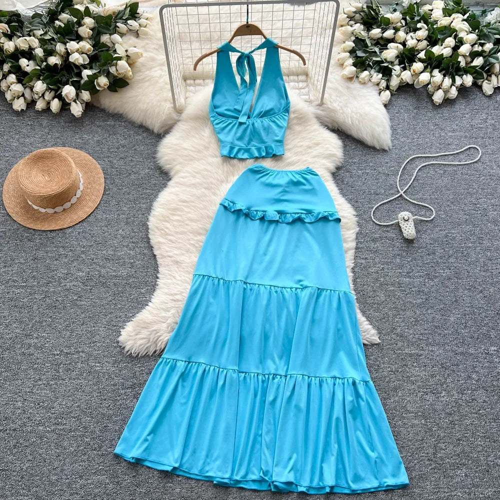 Ruffled Halter Top & Long Skirt Set - Piña Colada