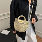 Boho Rattan Half-Moon Crossbody Bag – Handwoven Summer Straw Shoulder Purse - Piña Colada