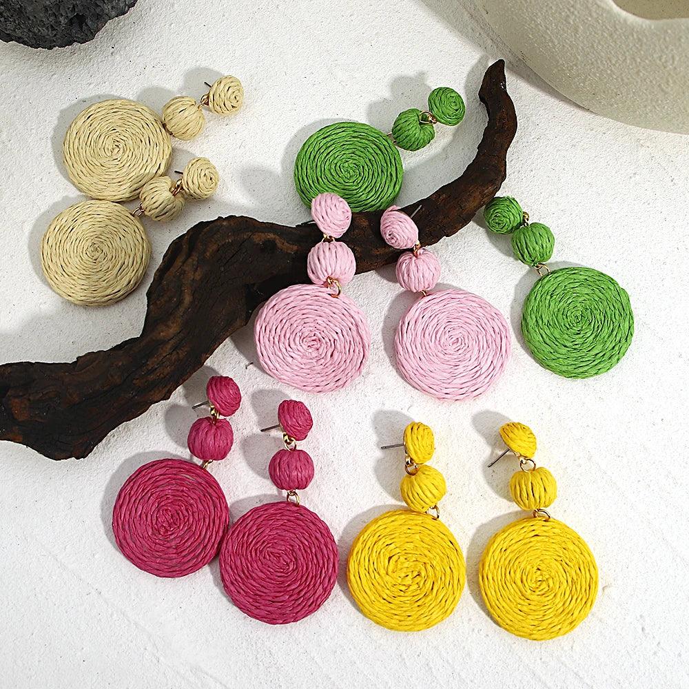 Boho Rattan Drop Earrings - Piña Colada