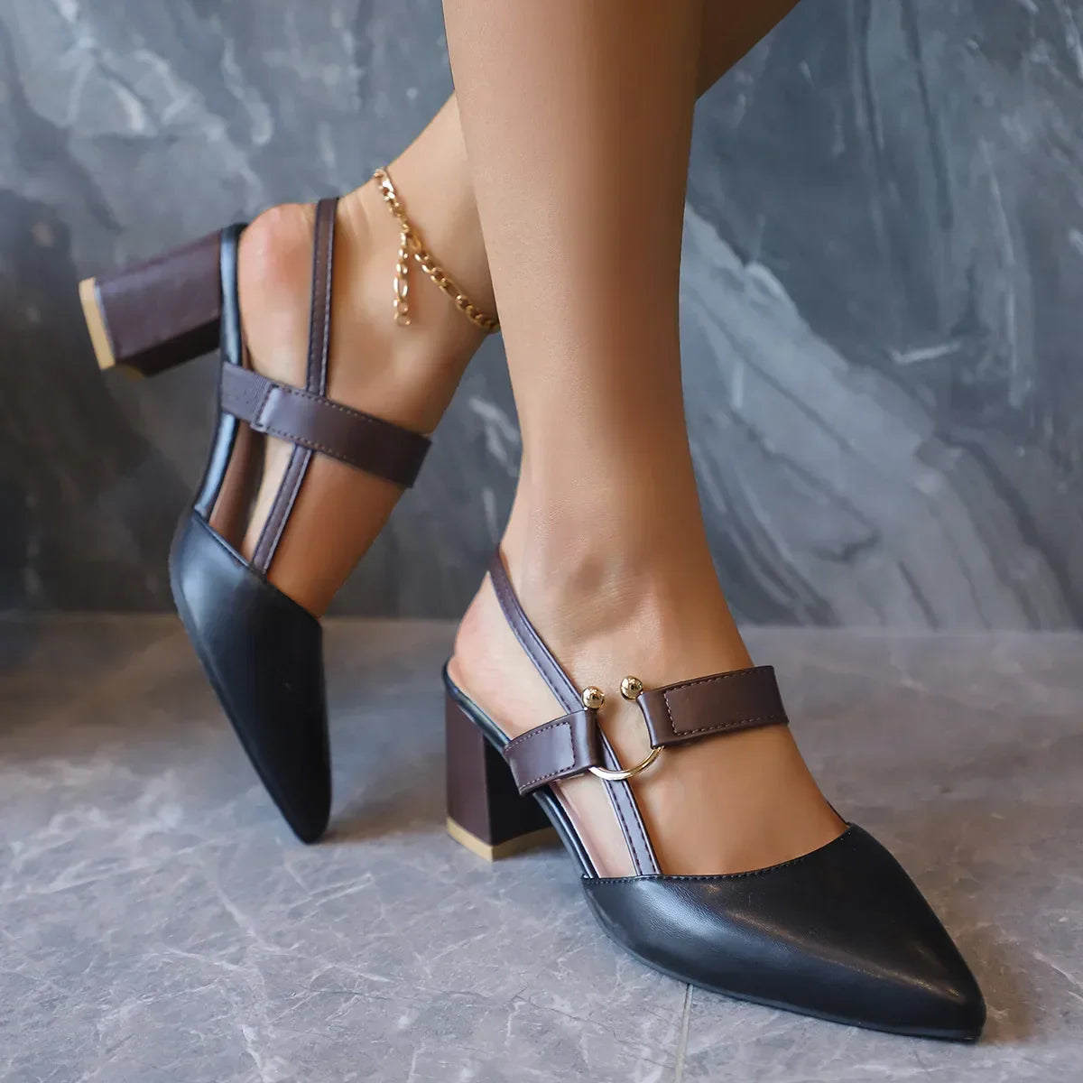Elegant Pointed Toe Chunky Heel Sandals - Piña Colada