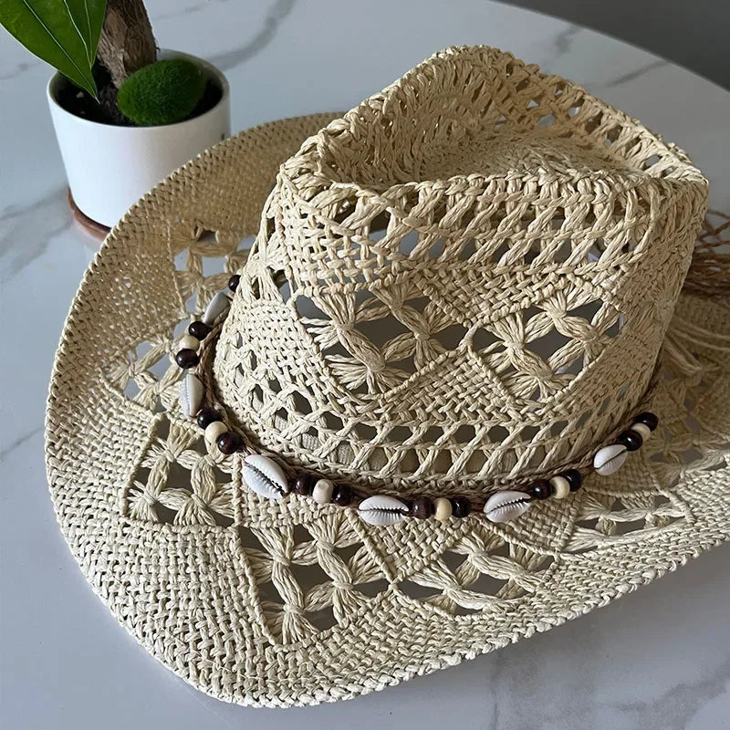 Summer Bohemian Shell Straw Hat - Piña Colada