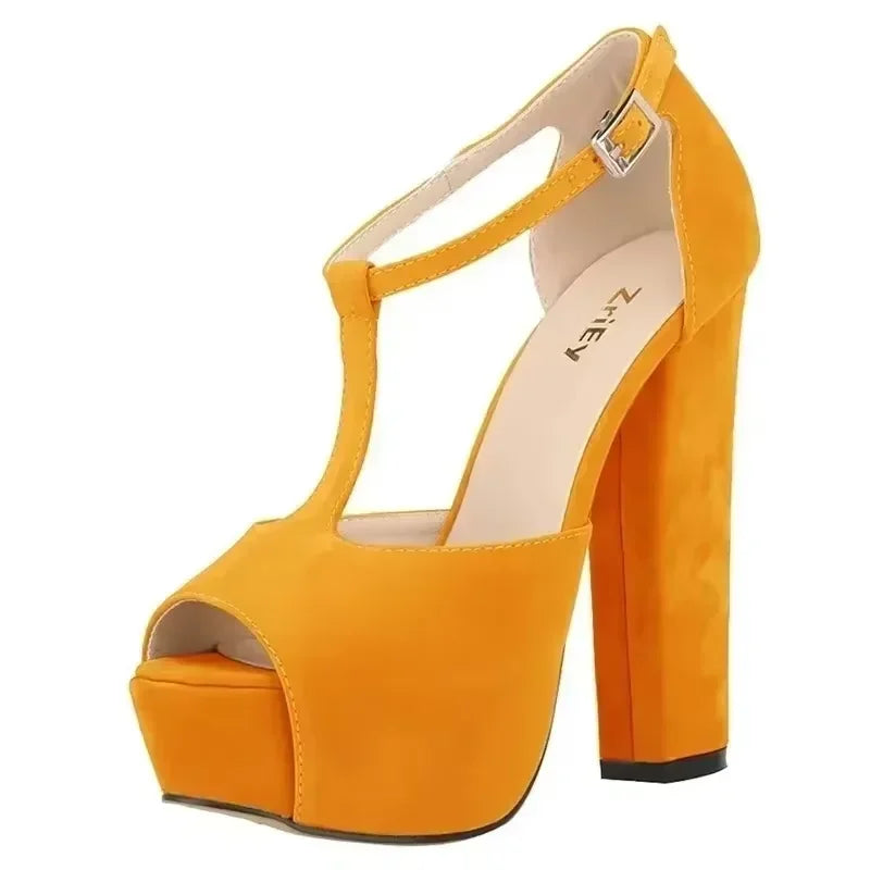 Women Ankle Strap Sandals Platform Open Toe High Heels Summer 14cm - Piña Colada