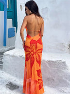 Print Slim Halter Cleavage Backless Long Dress - Piña Colada