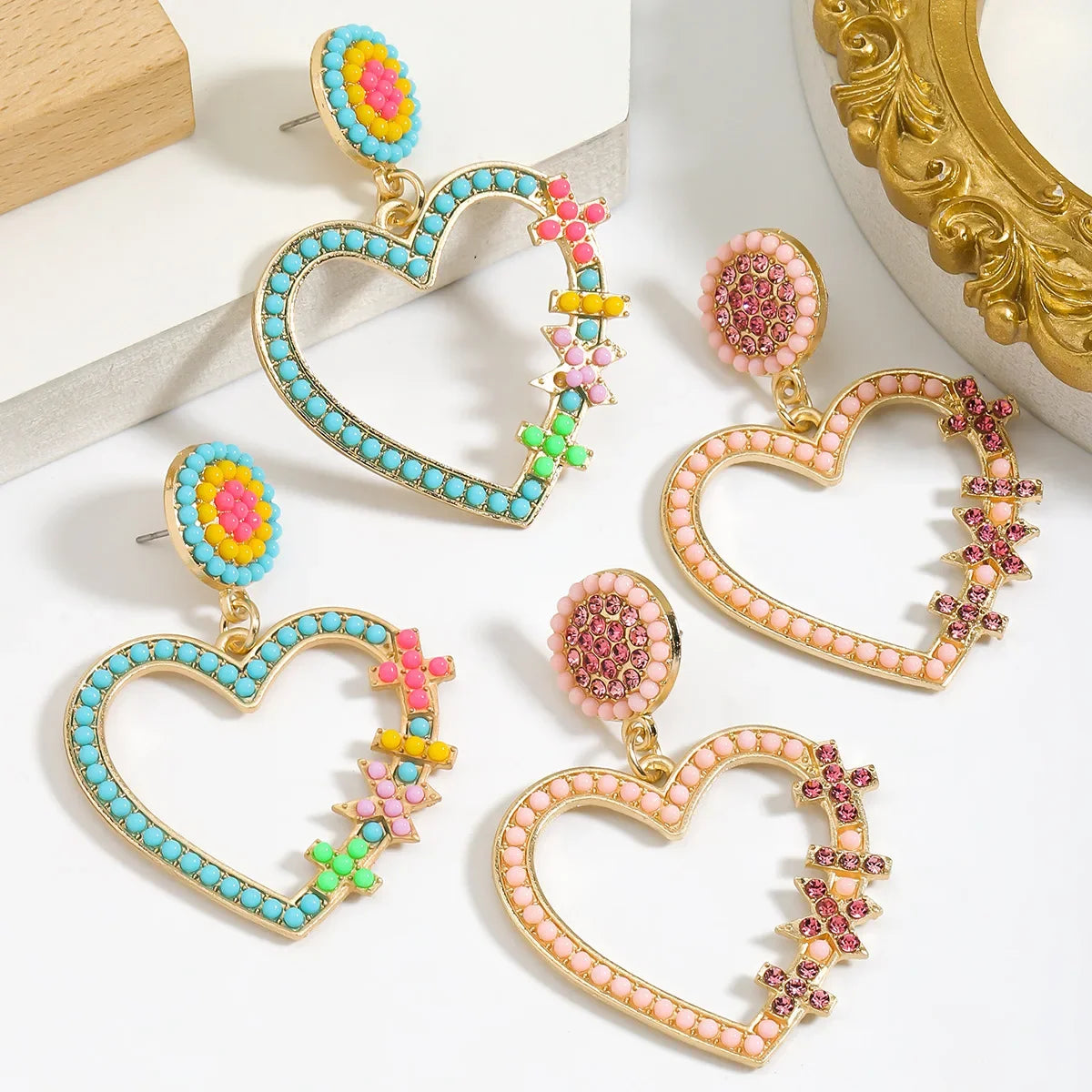 Handmade Rhinestone Heart Drop Earrings - Piña Colada