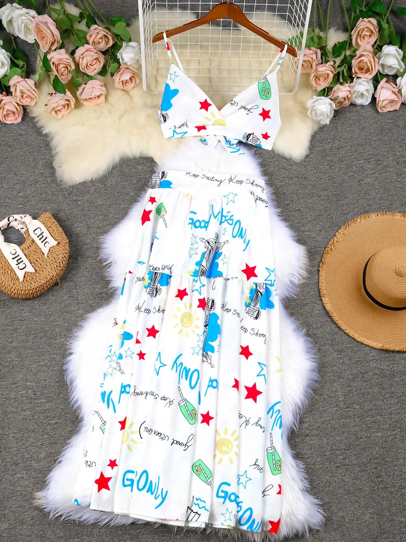 Hand-Painted Oversized 2-Piece Set – Backless Crop Top & Flowing Skirt - Piña Colada