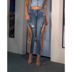 High Street Hollow Out Skinny Jeans with Metal Details - Piña Colada