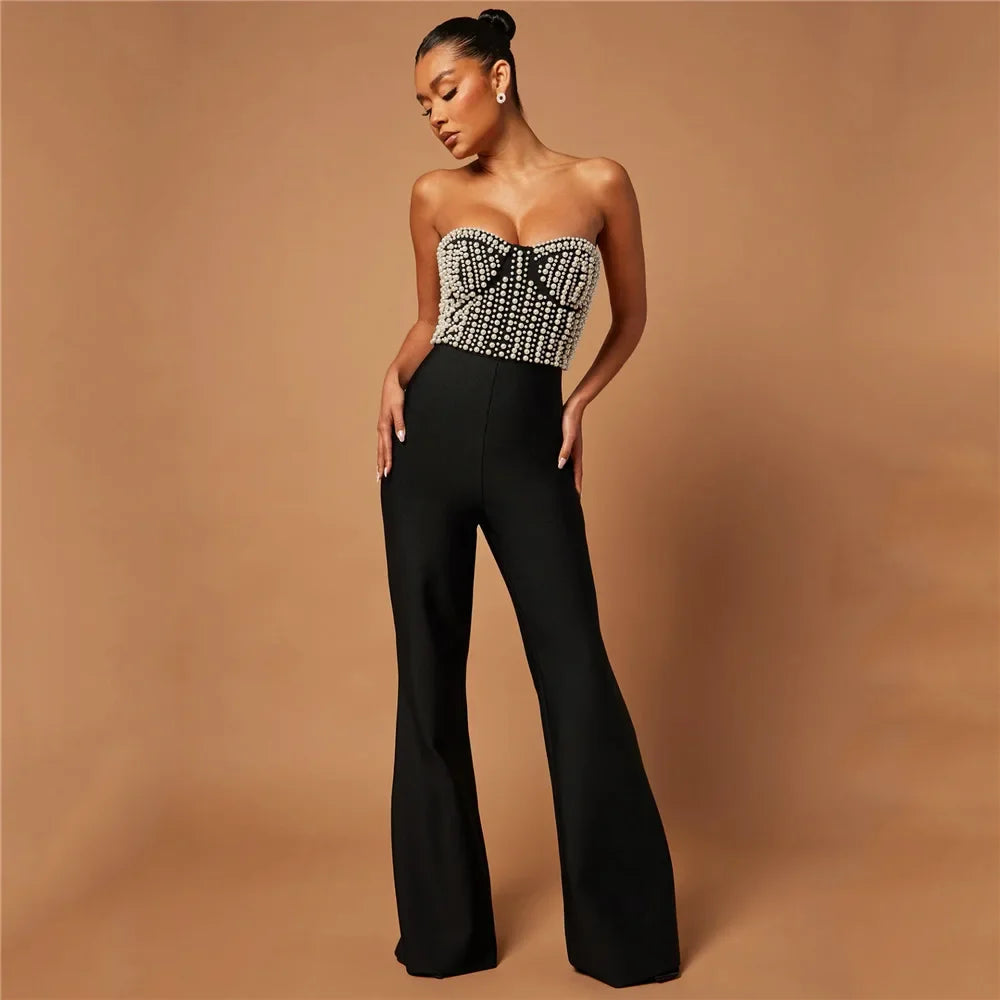 Women Sexy Strapless Shinning Pearl Beading Jumpsuit - Piña Colada