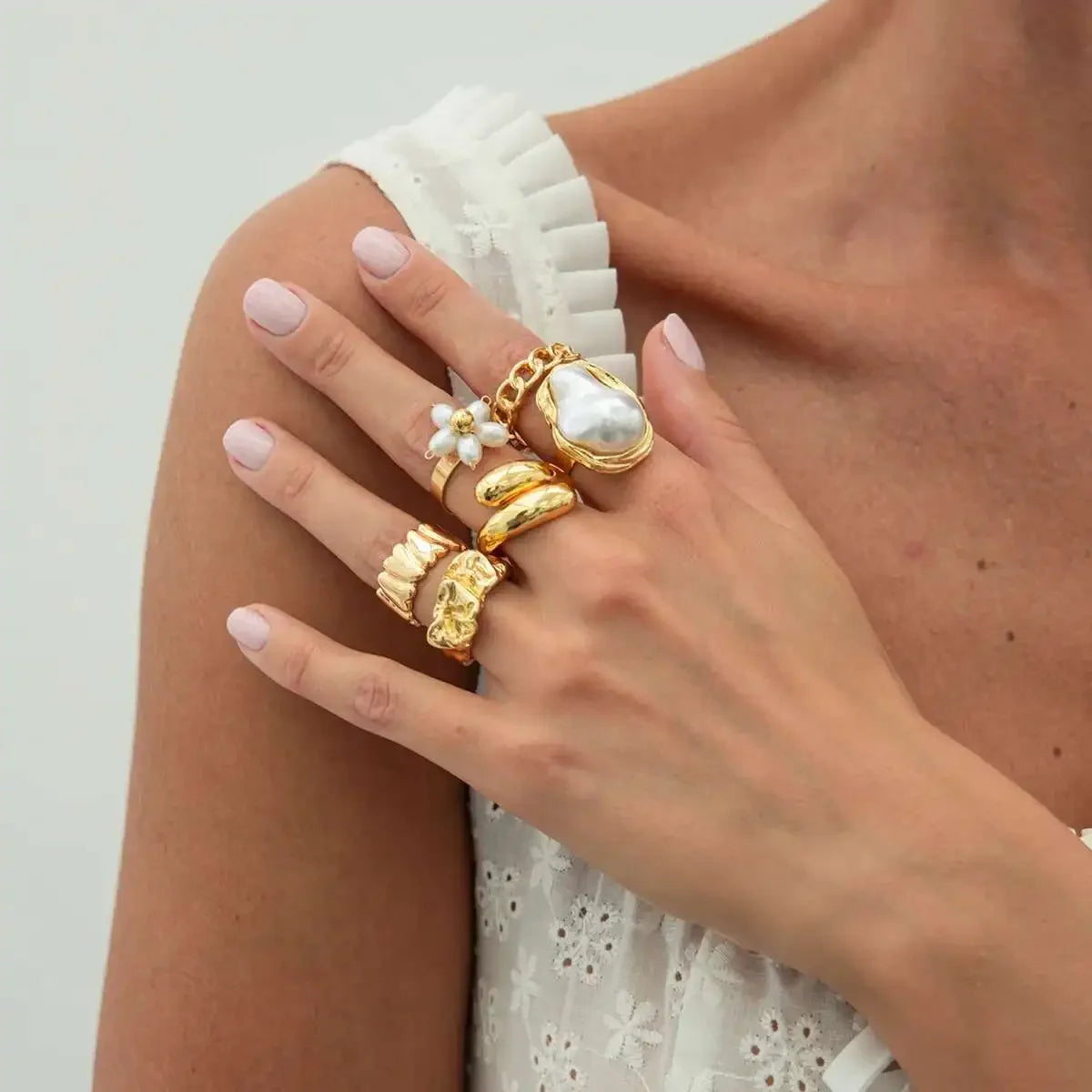 6Pcs/set Pearl Open Irregular Pleated Rings - Piña Colada