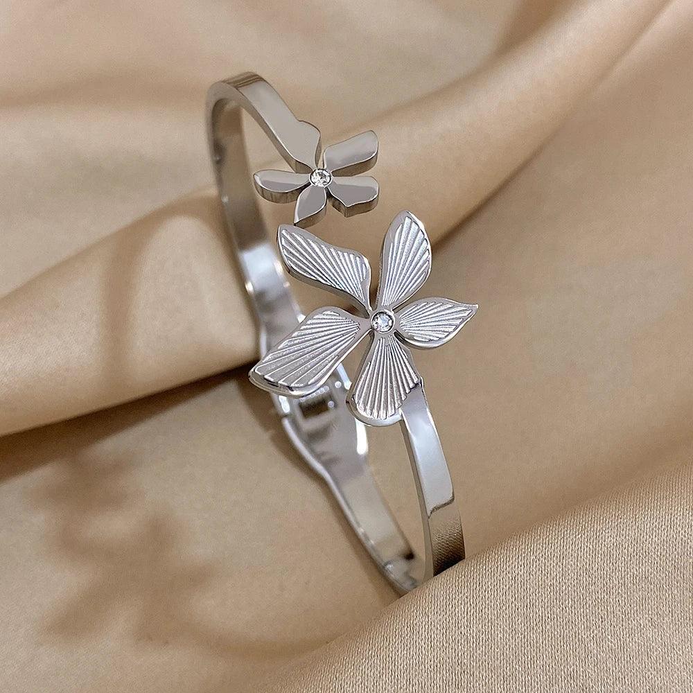 Stainless Steel Double Flower Cuff Bracelet - Piña Colada