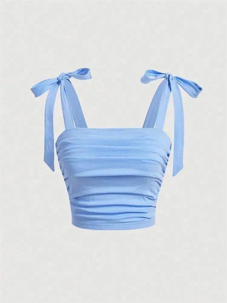 Solid Tie Shoulder Ruched Wide Crop Top - Piña Colada