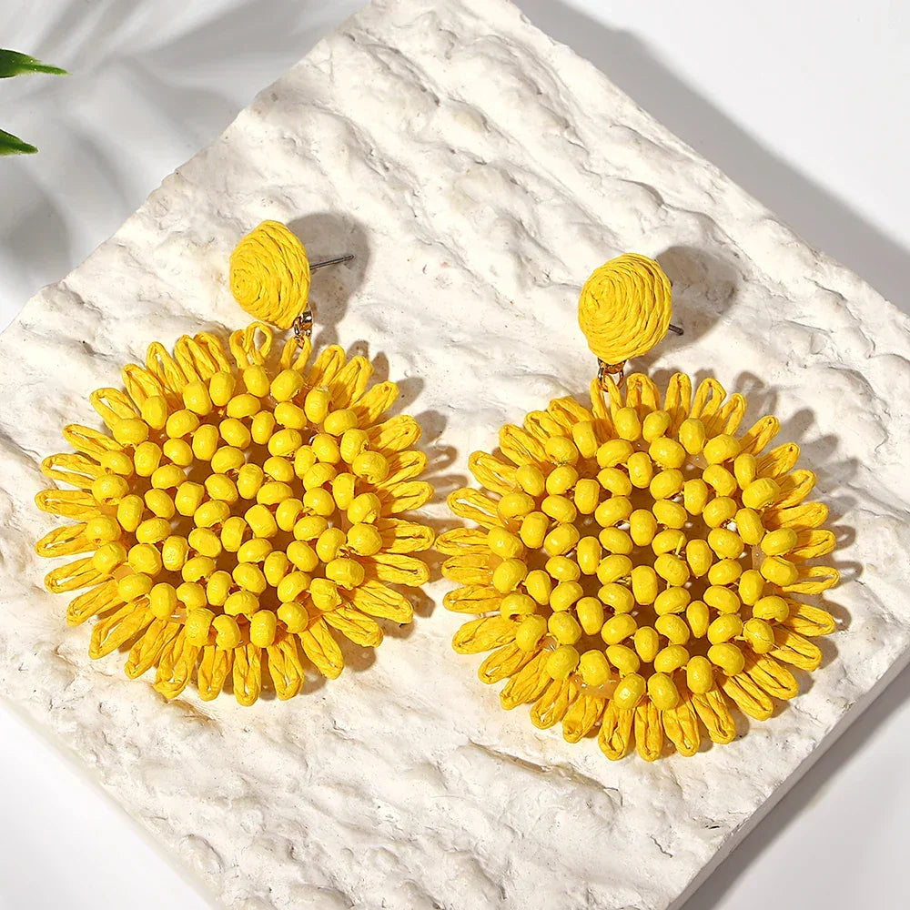 Boho Raffia Flower Drop Earrings - Piña Colada