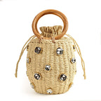 Embellished Straw Bucket Bag