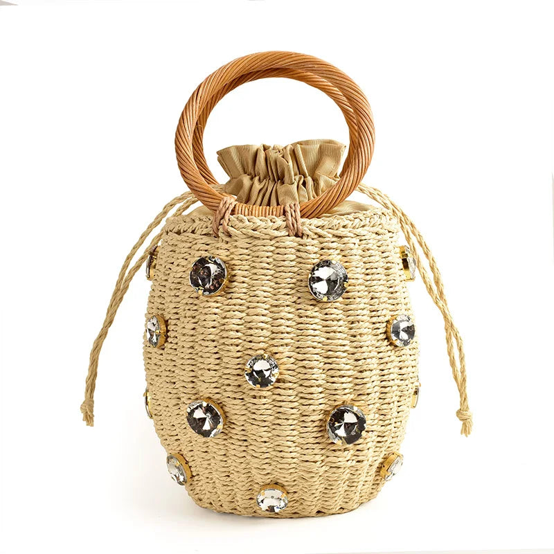 Embellished Straw Bucket Bag