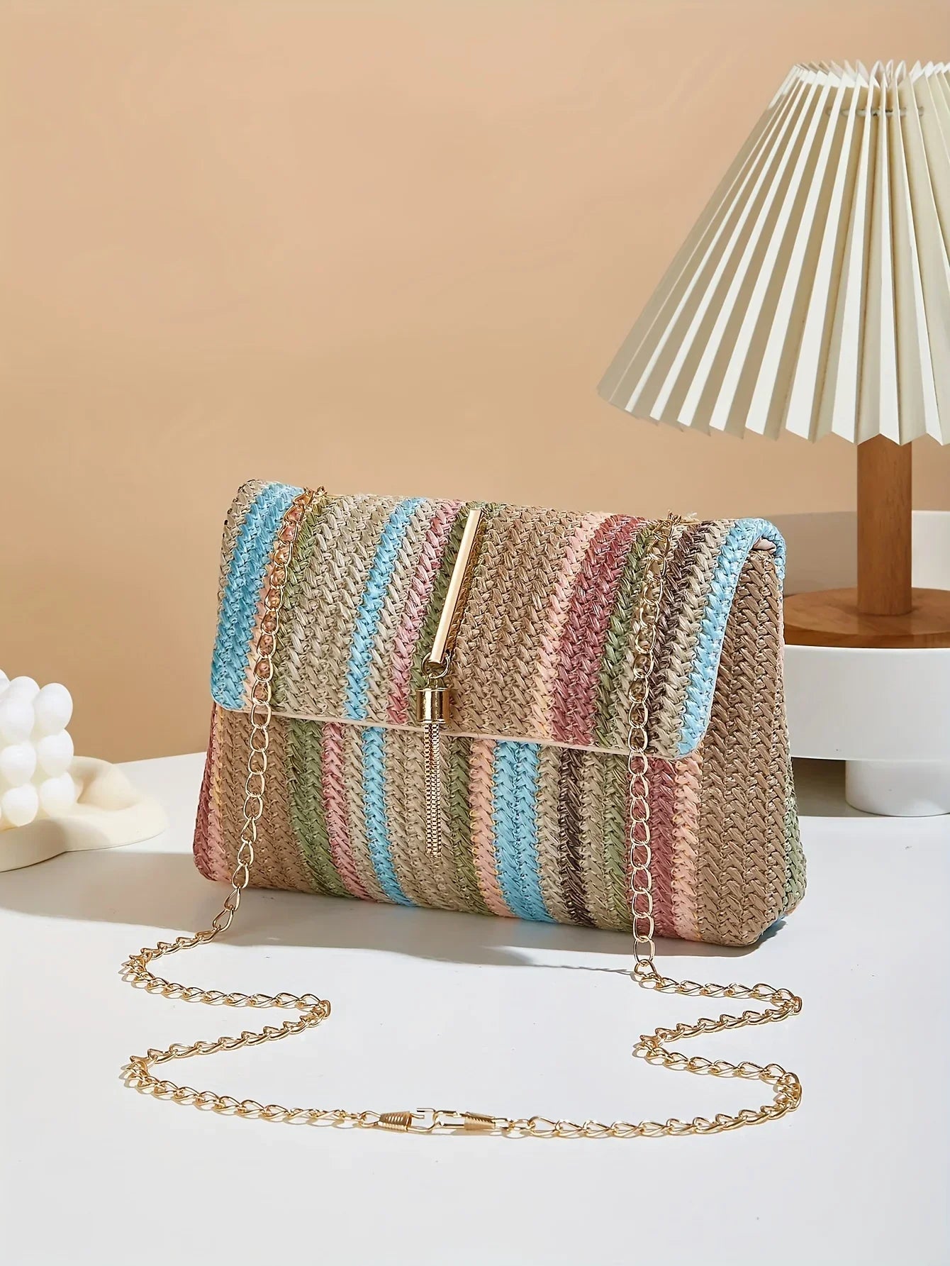 Chic Rainbow Stripe Straw Crossbody - Piña Colada