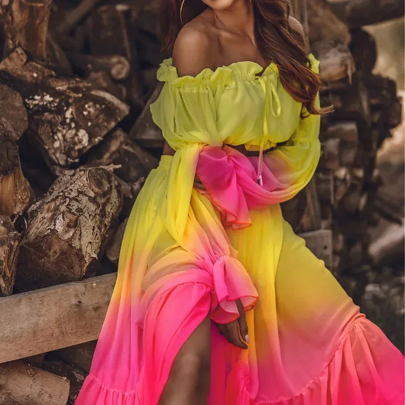 Off-Shoulder Ruffle Top & Slit Skirt Set - Piña Colada