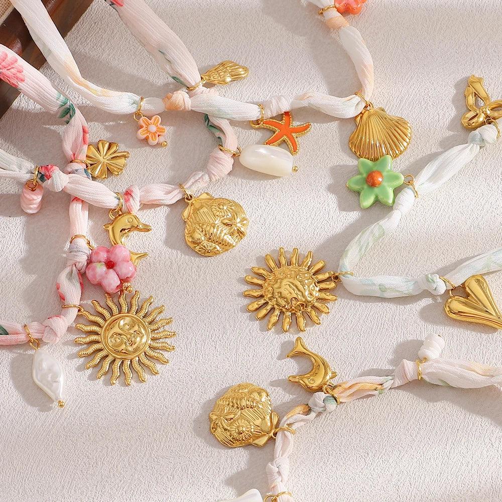 Ribbon Flower Starfish Necklace - Piña Colada