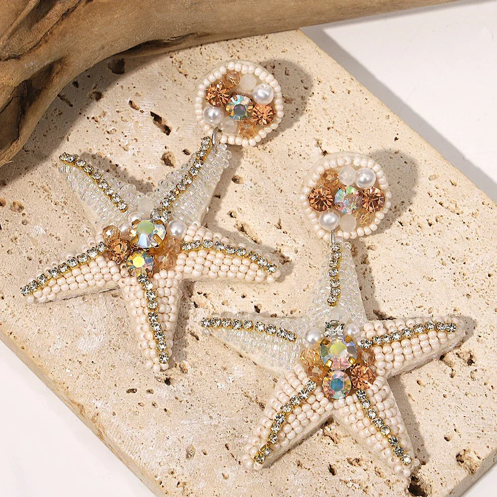 Handmade Beaded Blue Starfish Drop Earrings - Piña Colada
