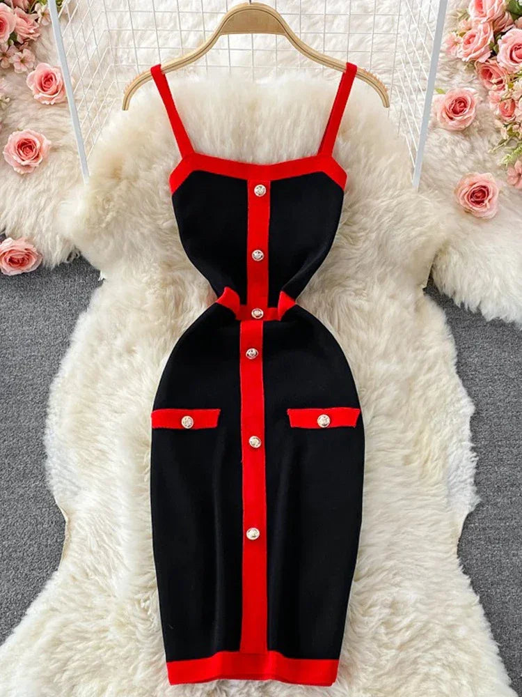 Patchwork Knit Mini Dress – Spaghetti Strap Streetwear - Piña Colada
