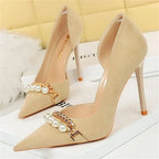 Pointed Toe Pearl Metal Chain Side Chain Pumps - Piña Colada