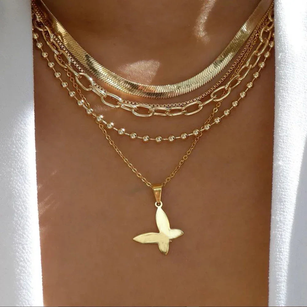Boho Multi-Layer Gold Crystal Pendant Necklace Set - Piña Colada