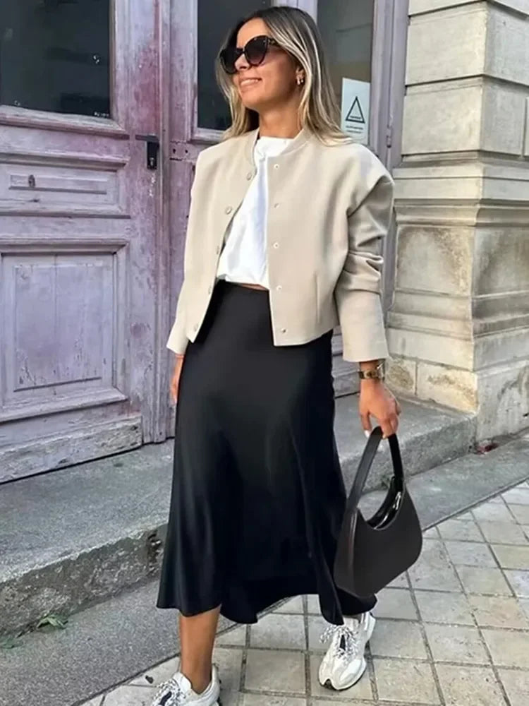 Elegant Satin Midi Skirt – Office Chic Mid-Calf Silhouette - Piña Colada