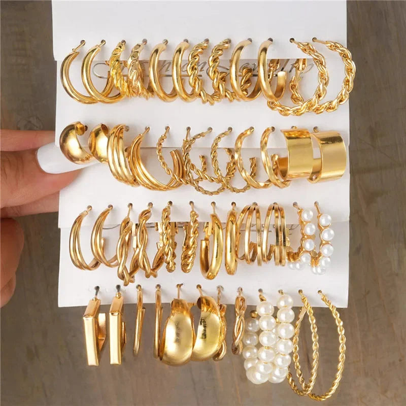 Modyle Geometric Pearl Hoop Earrings Set - Piña Colada