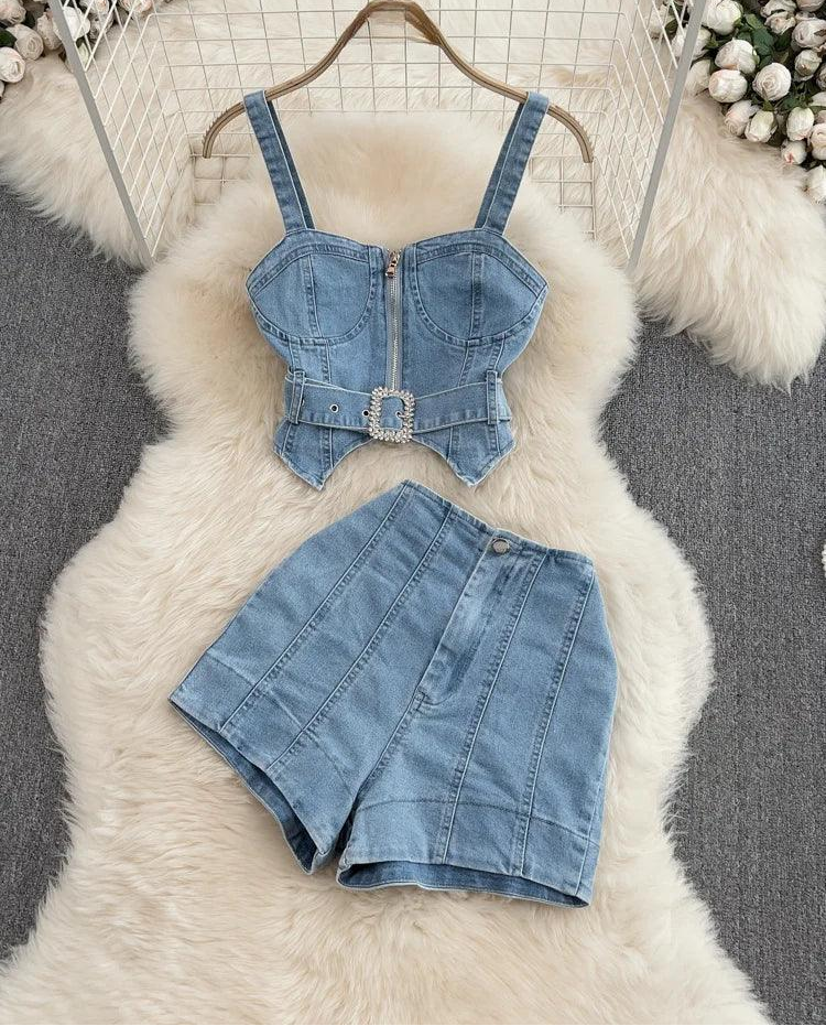 High Street Zipper Denim Set - Piña Colada