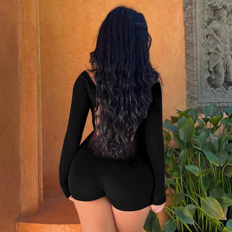 Long Sleeves Backless Solid Lace Up Sexy Slim Skinny Romper - Piña Colada