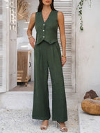 Summer V-Neck Button Crop Top & Wide-Leg Pants Set - Piña Colada