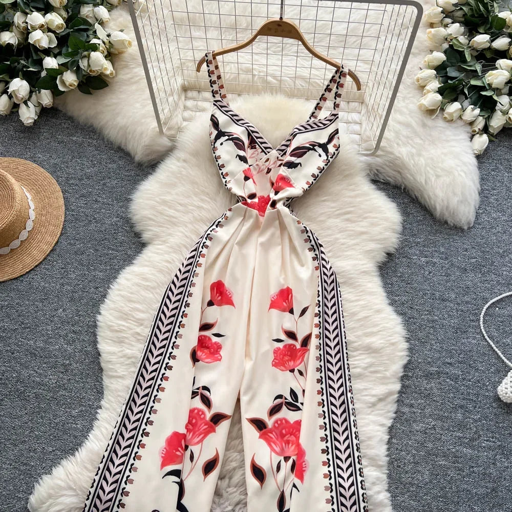 Vintage Printed Jumpsuit for Women – Full-Length Summer Romper with Mid Waist - Piña Colada