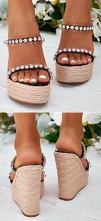 Crystal Wedge Slide Sandals – Elegant PU Platform Mules - Piña Colada
